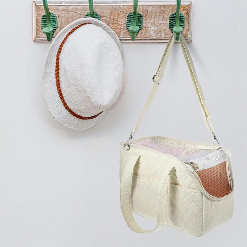 Small Cream Canvas Pet Carrier Bag with Pocket for Puppy and Cat Travel - Image 3